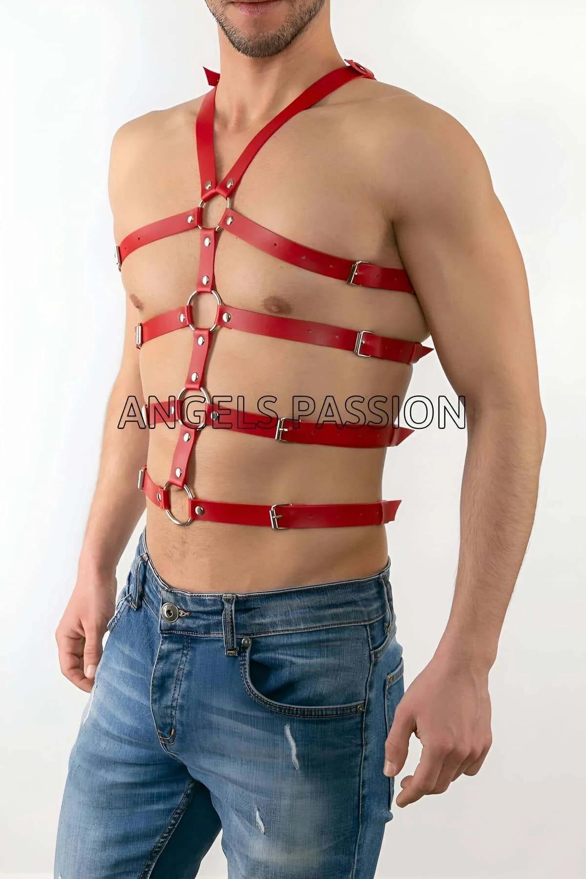 Men's Body Harness - Adjustable Red Faux Leather Style