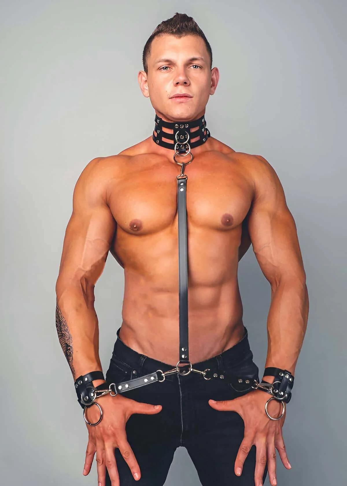 Mens Leather Harness Set – Adjustable Collar & Cuffs