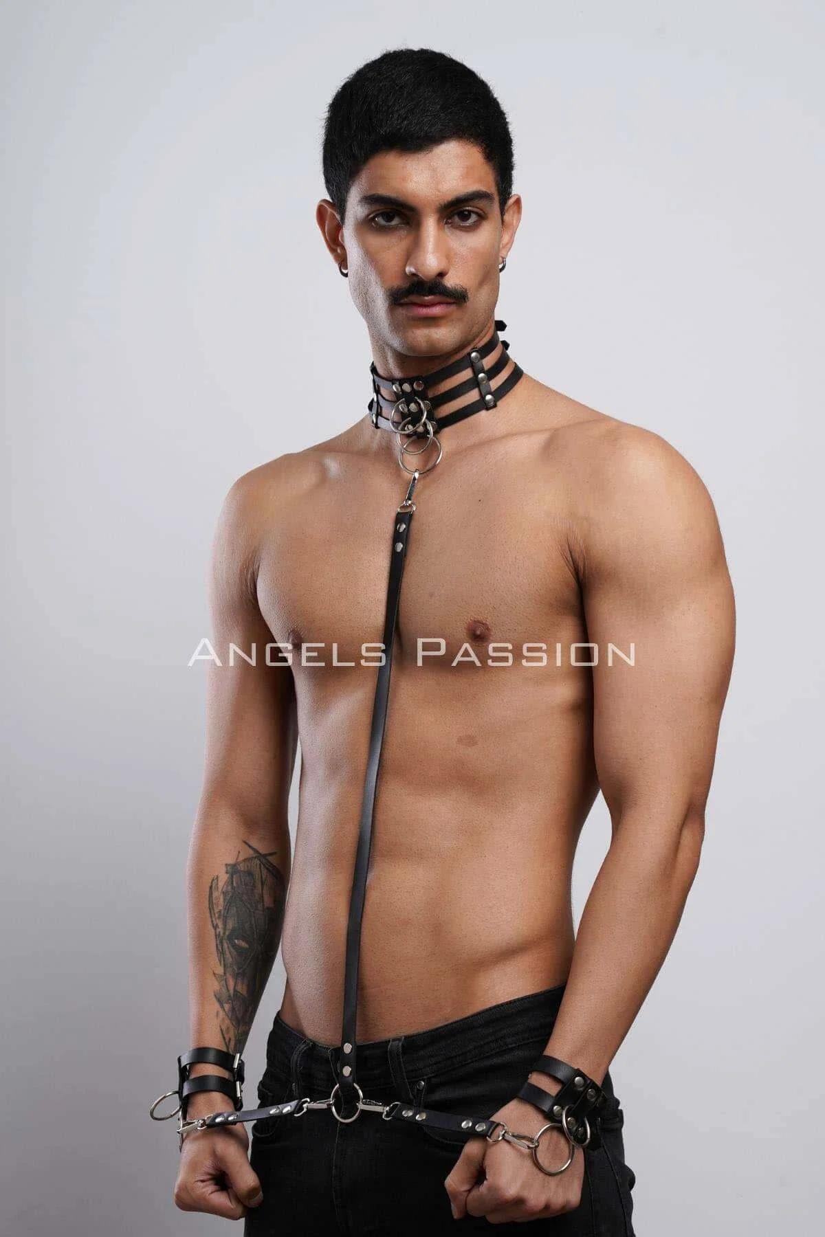 Mens Harness Black Leather Collar Cuffs Set Adjustable