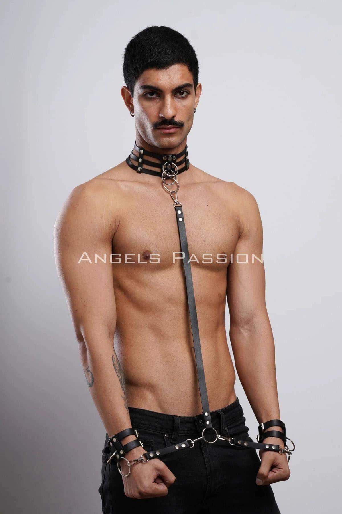 Mens Harness Black Leather Collar Cuffs Set Adjustable