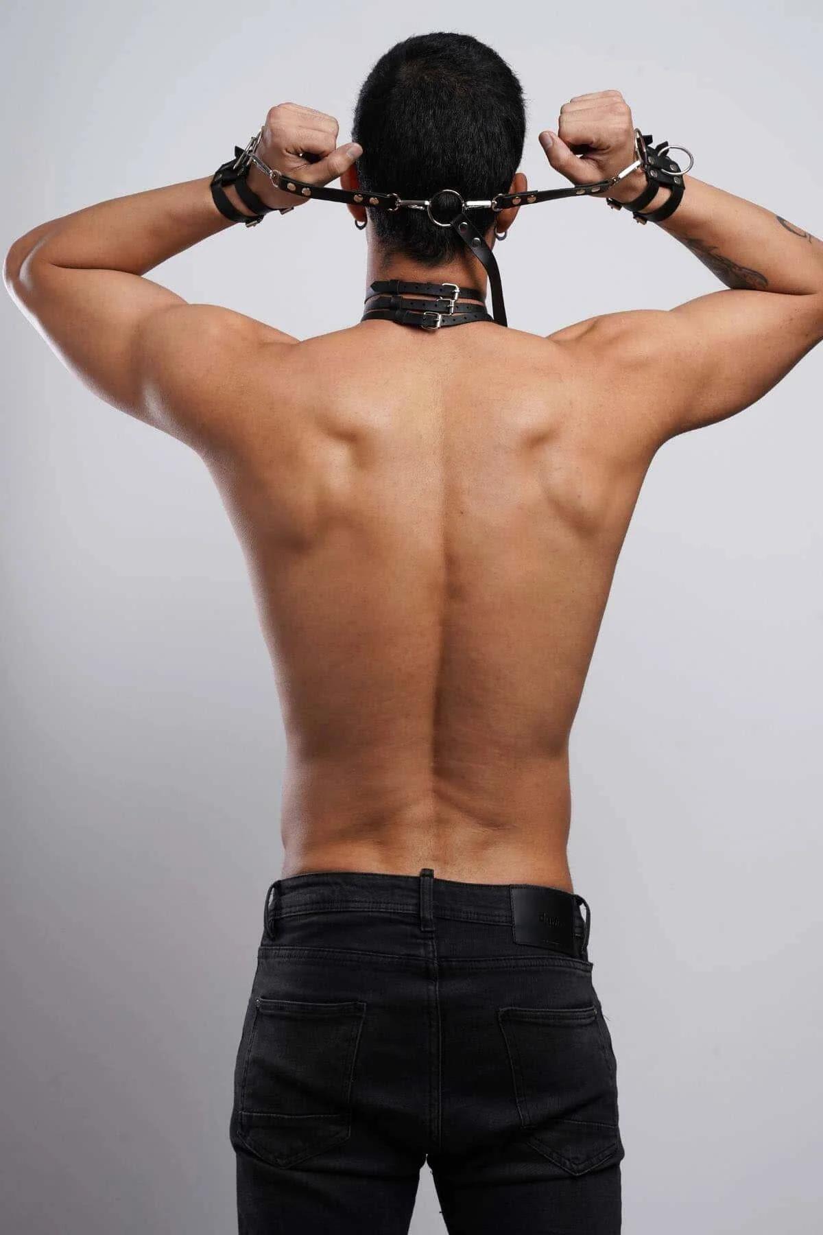 Mens Harness Black Leather Collar Cuffs Set Adjustable