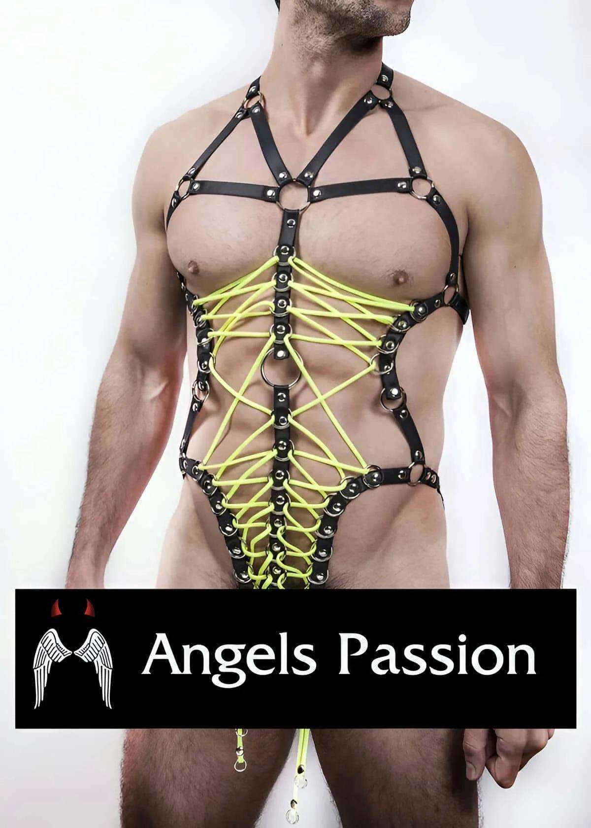 Mens Full Body Leather Harness with Neon Lacing Accent