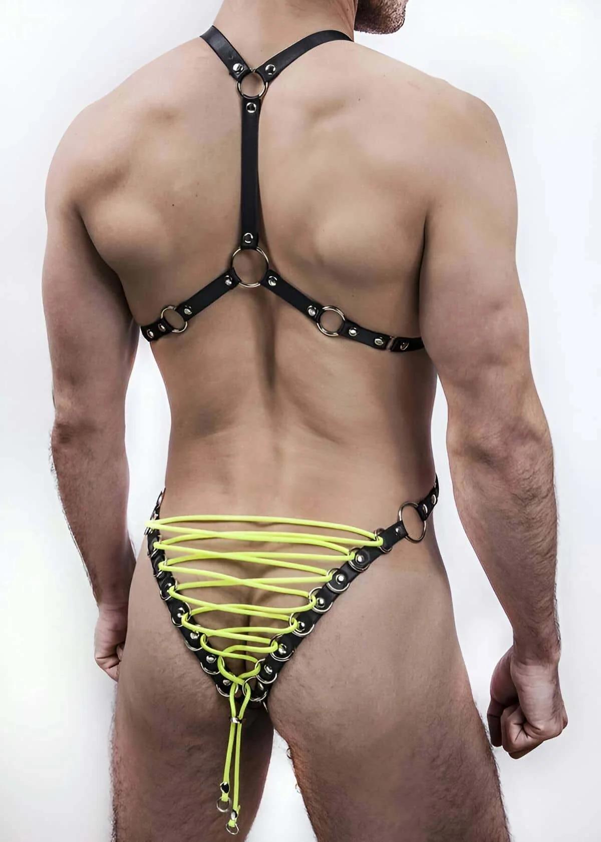 Mens Full Body Leather Harness with Neon Lacing Accent