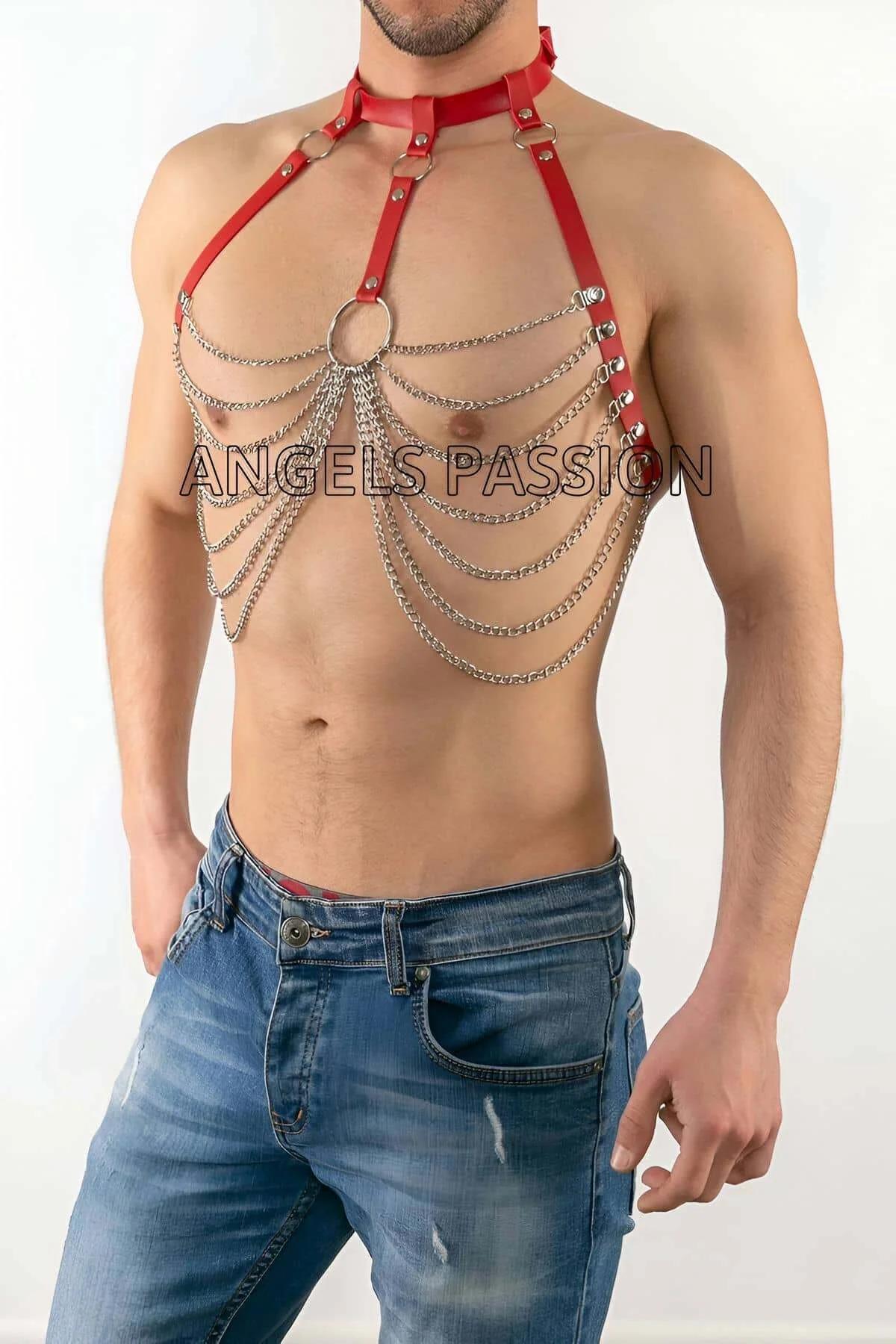 Red Faux Leather Chest Harness with Silver Chain Draping