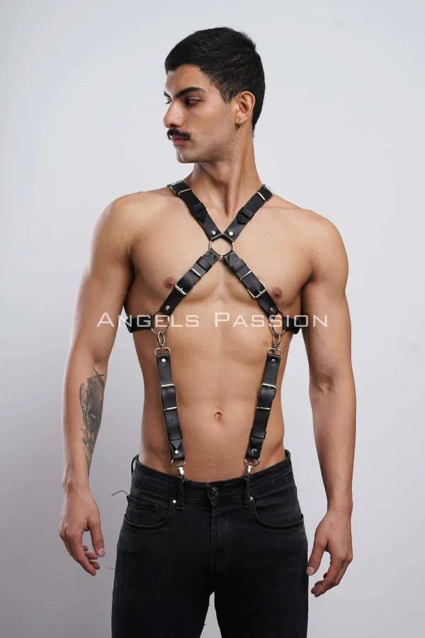 Mens Leather Harness Adjustable Chest Body Suspenders