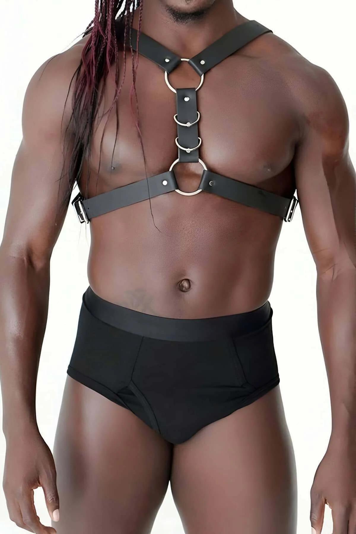 Mens Adjustable Leather Chest Harness with O-Rings