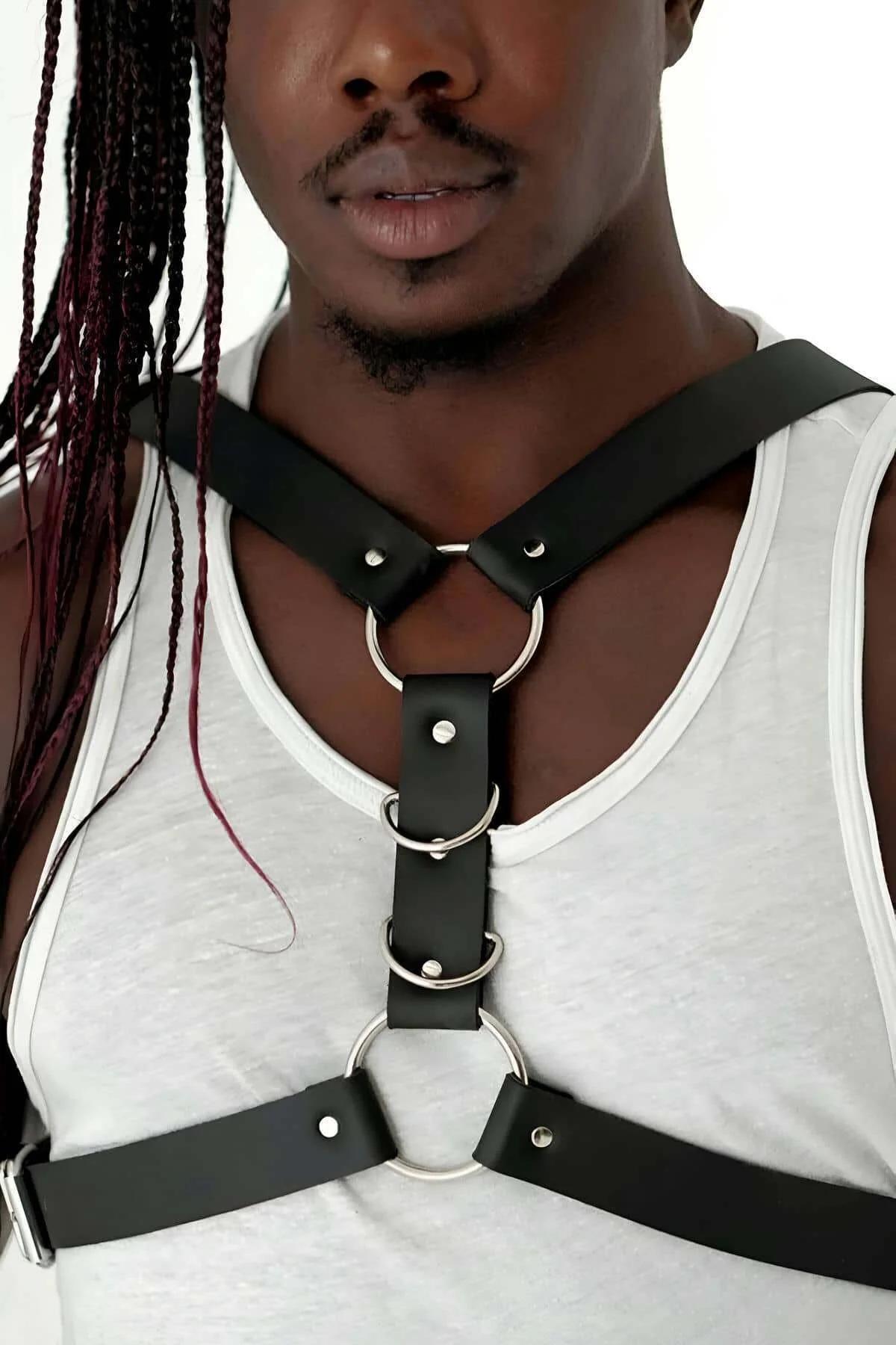 Mens Adjustable Leather Chest Harness with O-Rings