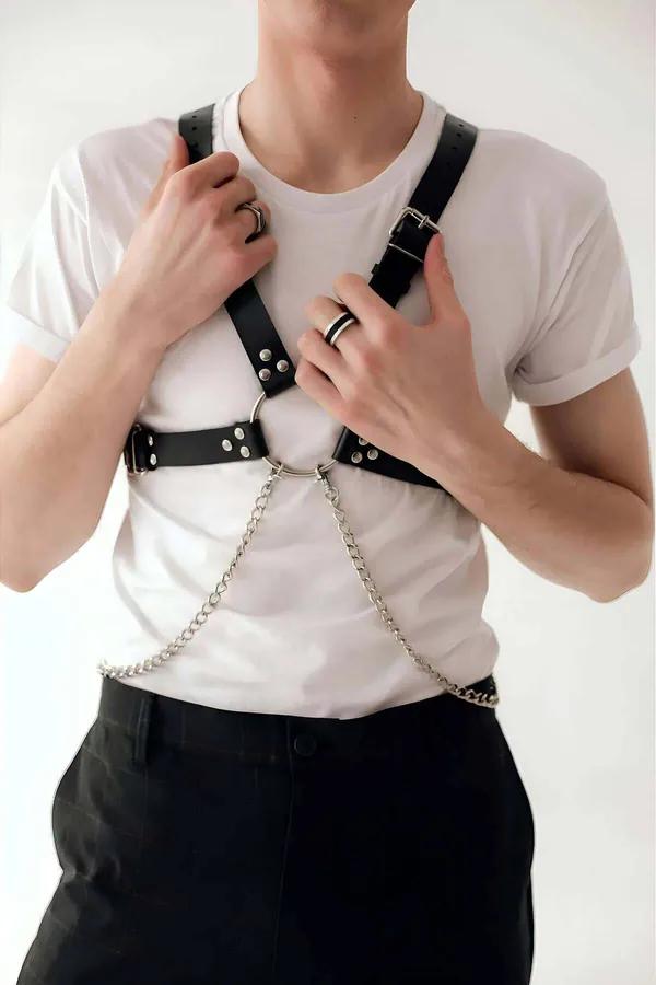 Faux Leather Chest Harness with Chain Detail