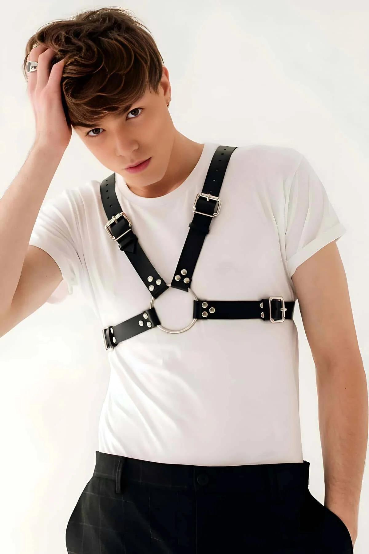 Men's Leather Chest Harness with Adjustable Straps & Chain