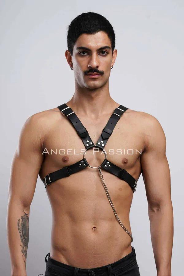 Black Faux Leather Chest Harness with Chain Detail