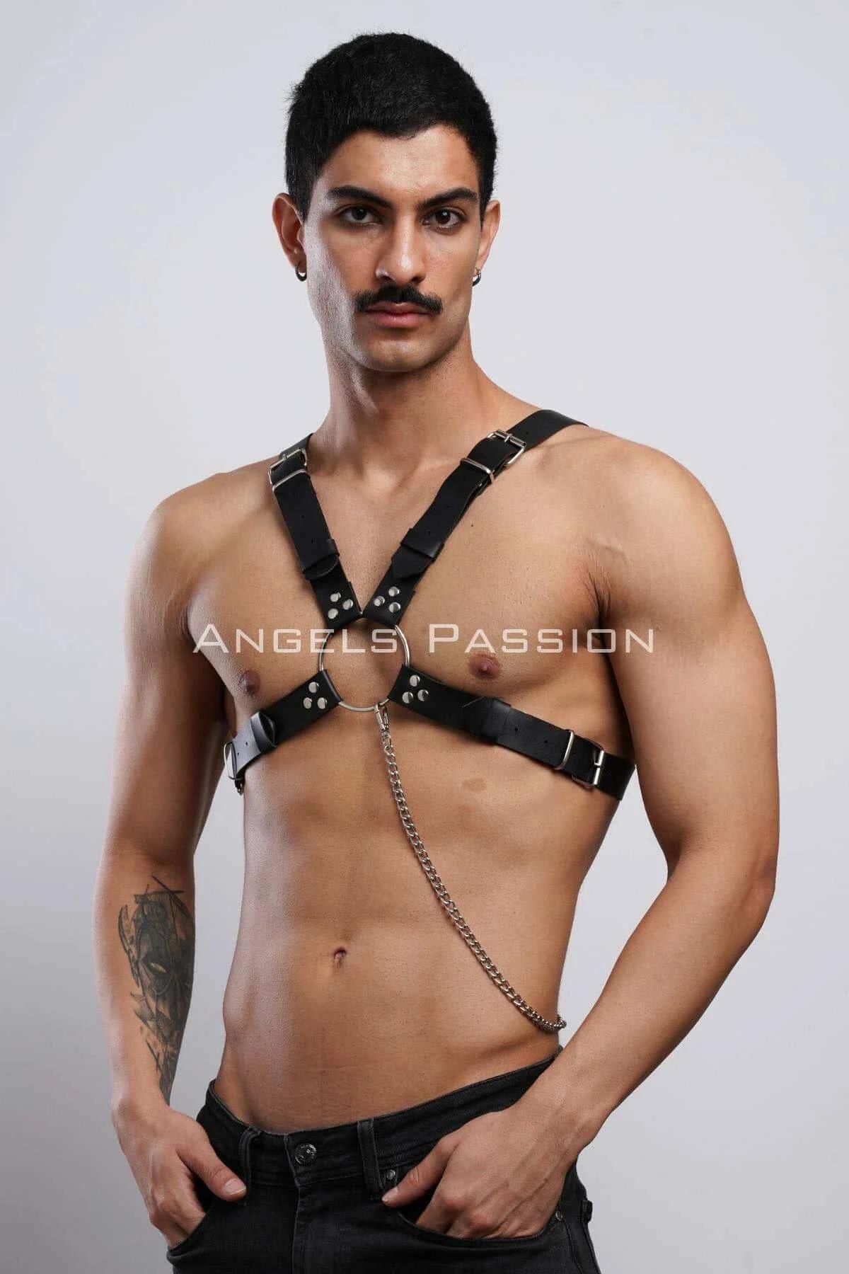 Mens Chest Harness Adjustable Faux Leather with Chain Detail