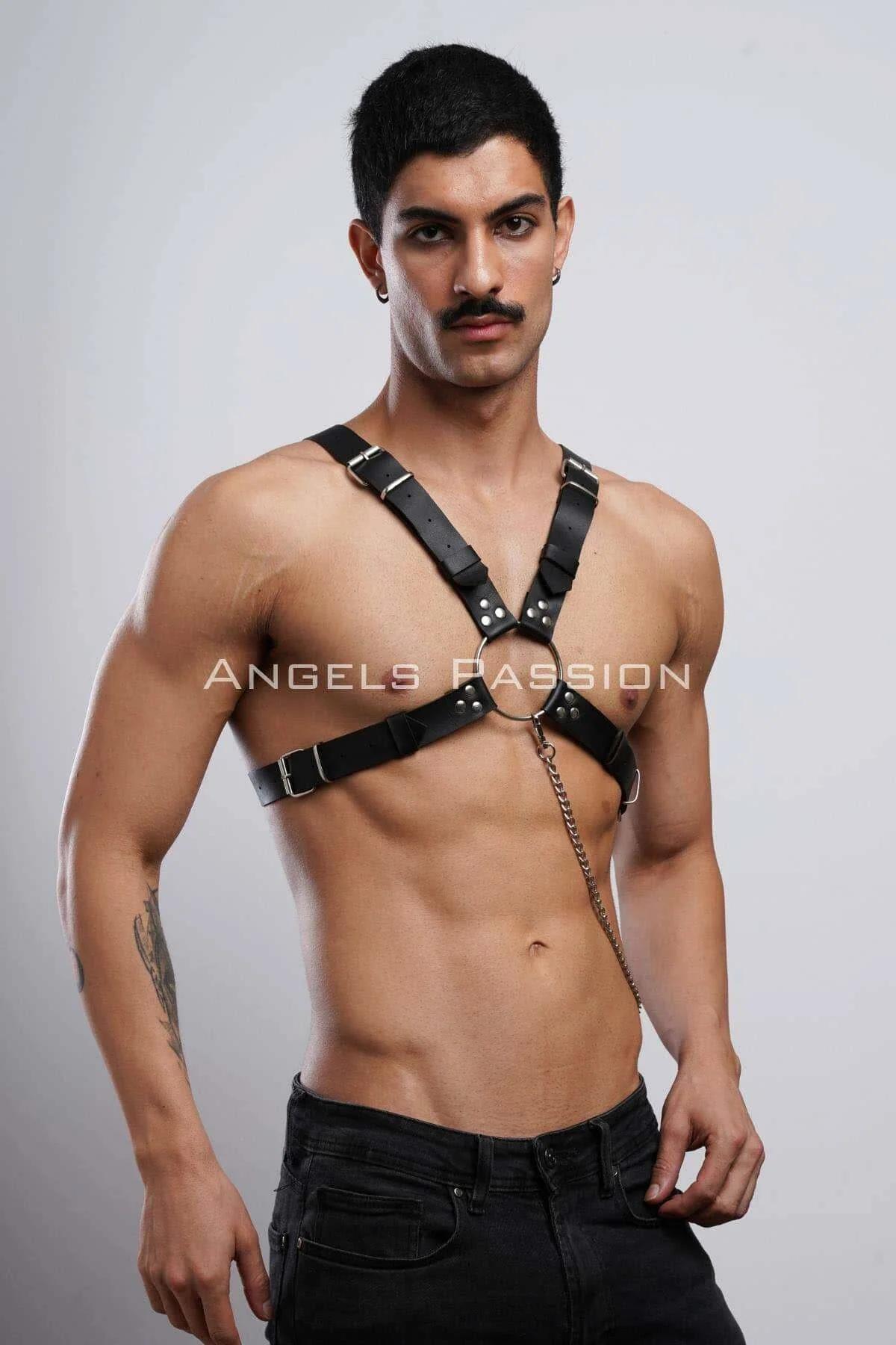 Mens Chest Harness Adjustable Faux Leather with Chain Detail