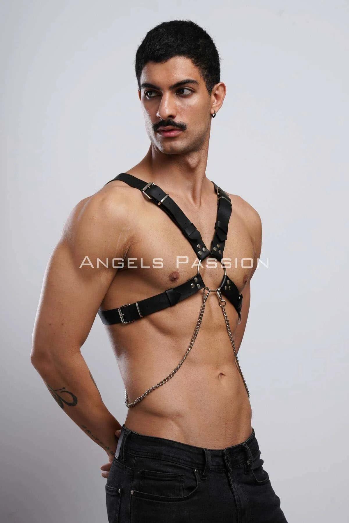 Mens Chest Harness Adjustable Faux Leather with Chain Detail