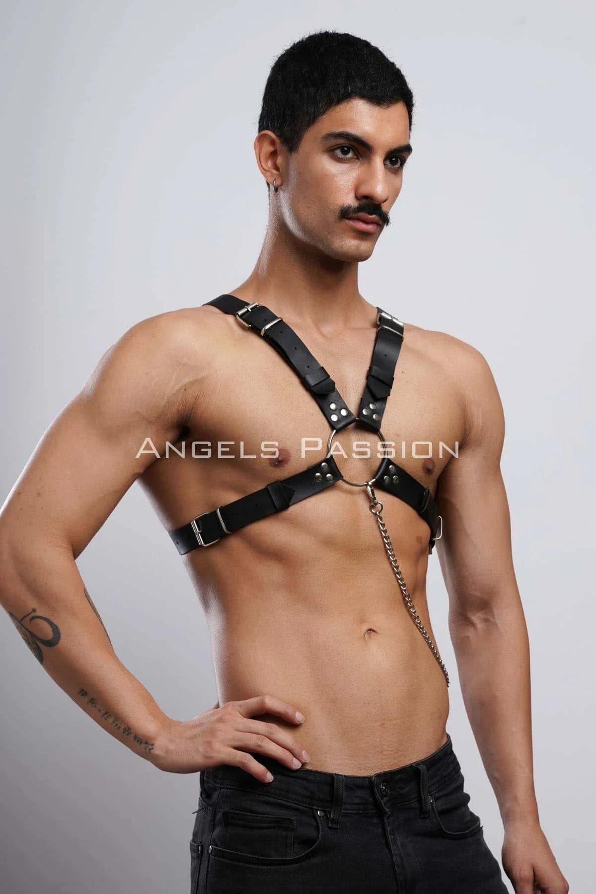 Mens Chest Harness Adjustable Faux Leather with Chain Detail