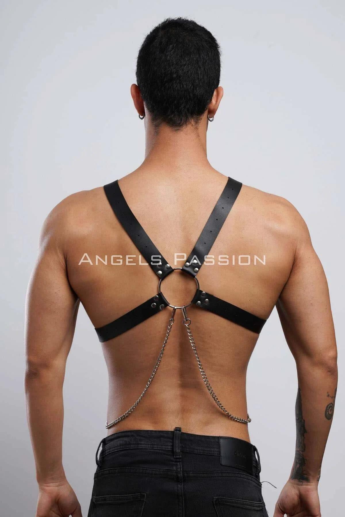 Mens Chest Harness Adjustable Faux Leather with Chain Detail