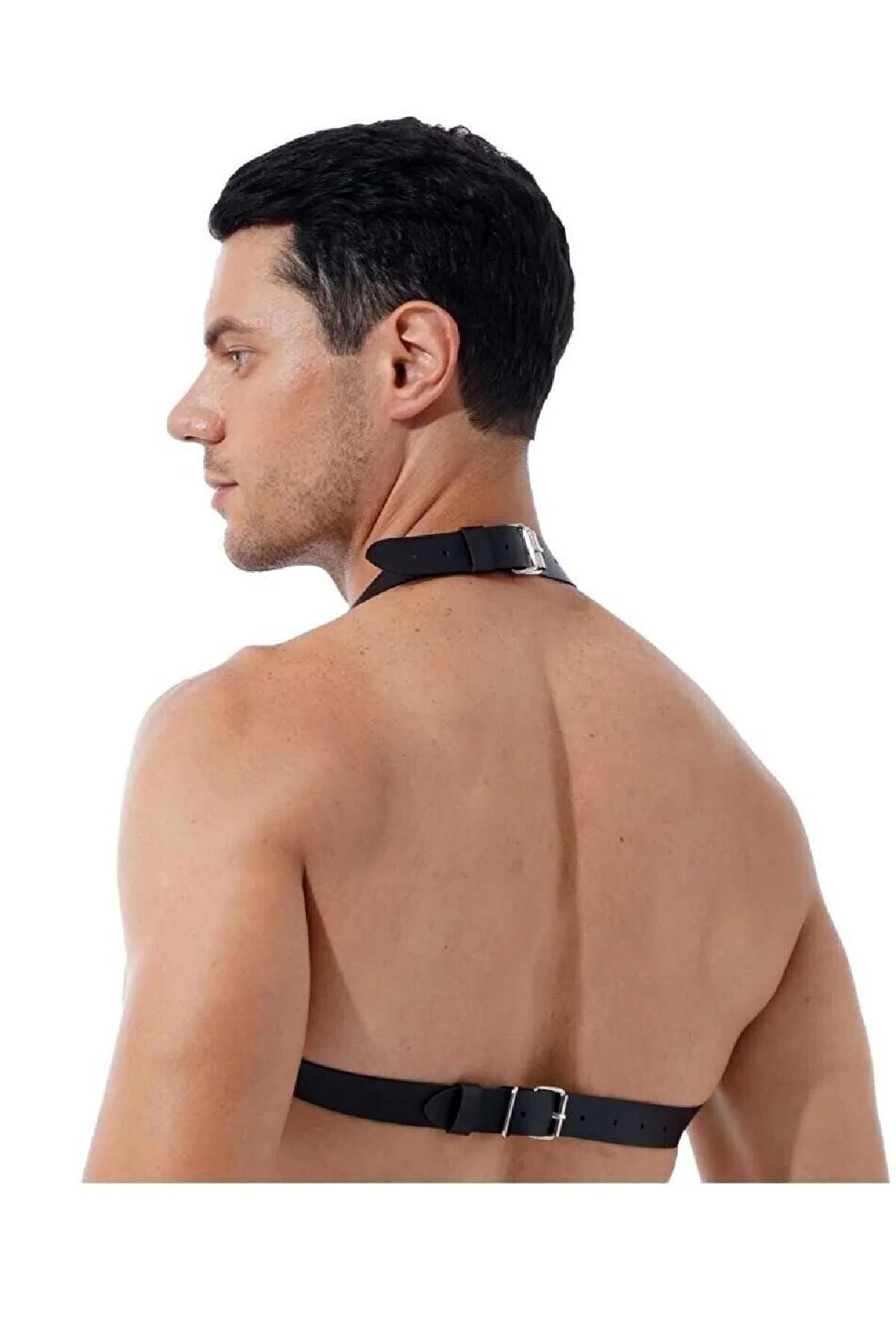 Men's Leather Harness with Chain - Adjustable Chest Body Gear