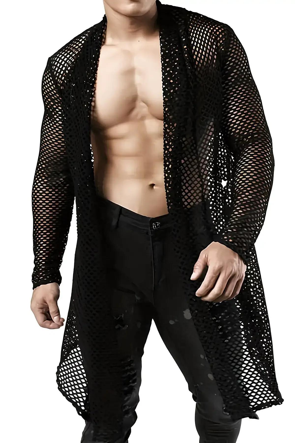 Men's Long Mesh Kimono Shirt - Transparent Black Clubwear