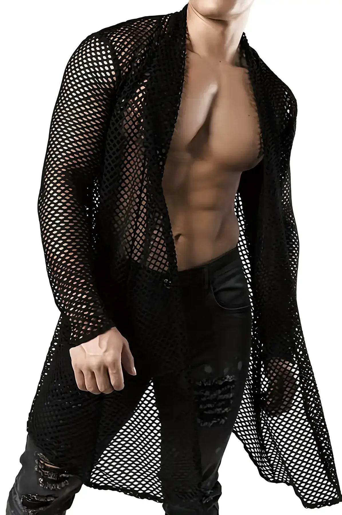 Men's Long Mesh Kimono Shirt - Transparent Black Clubwear