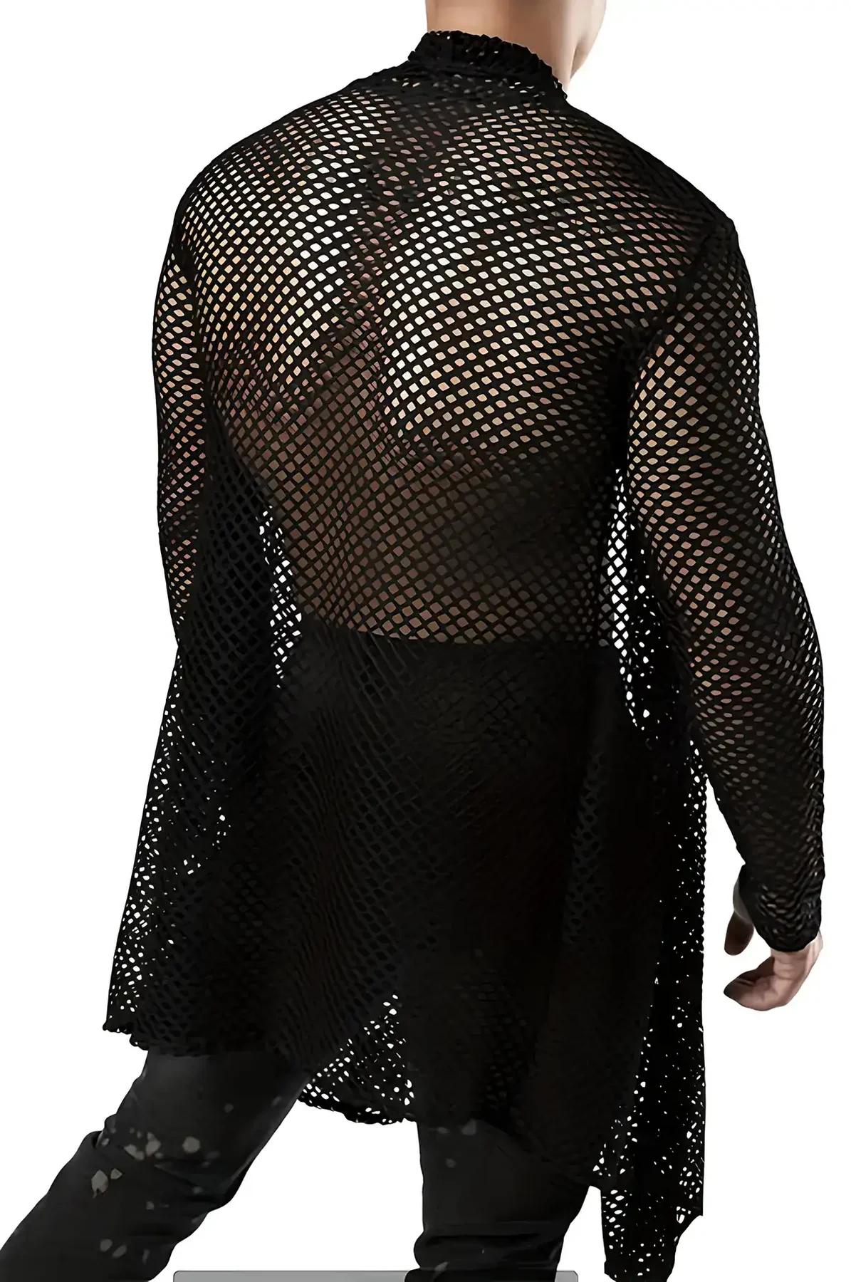Men's Long Mesh Kimono Shirt - Transparent Black Clubwear