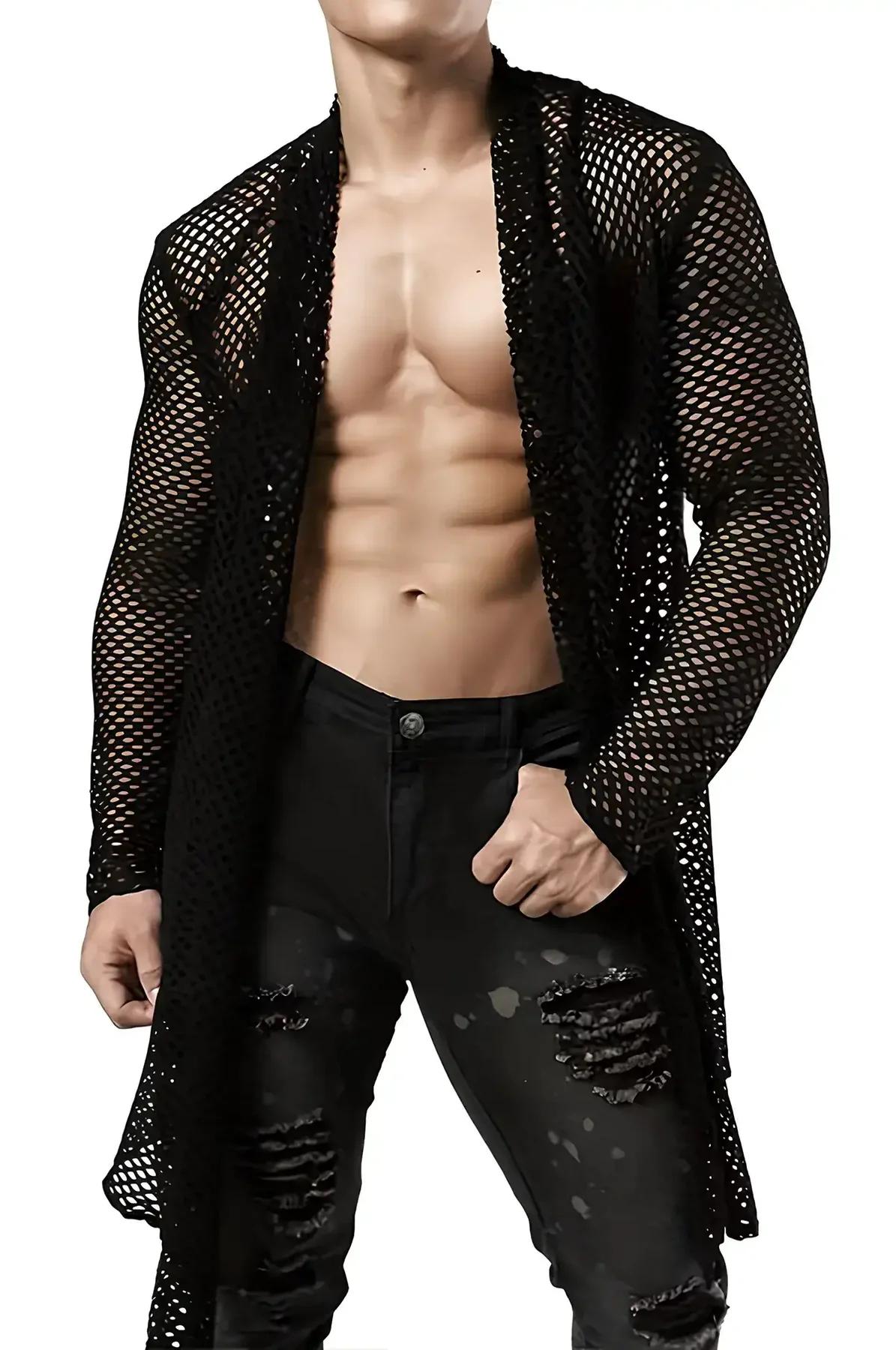 Men's Long Mesh Kimono Shirt - Transparent Black Clubwear