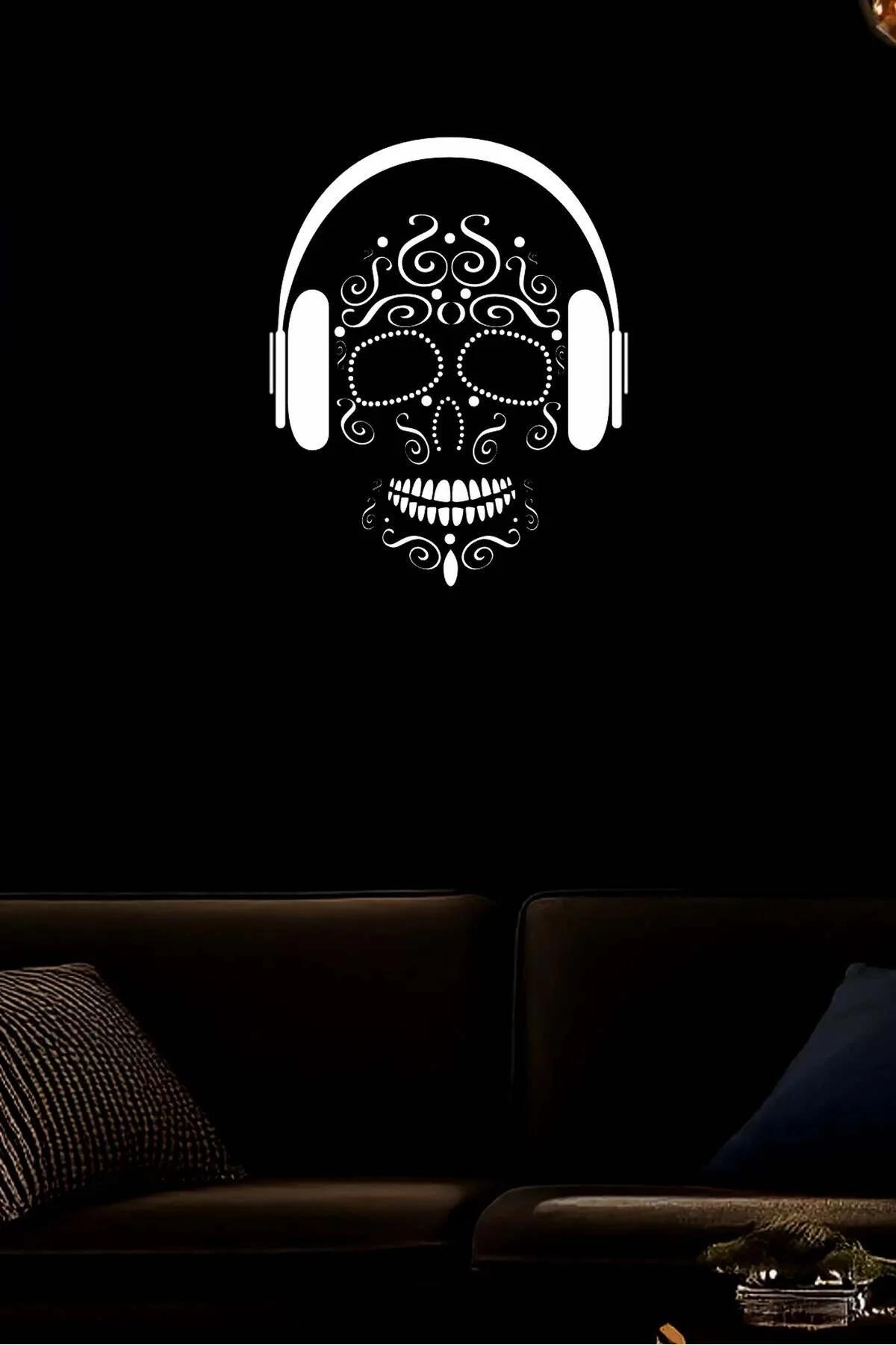 Reflective Sugar Skull Wall Art with Headphones Canvas Print Black and White
