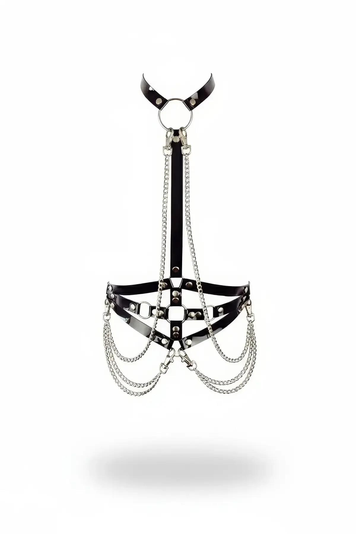 Caged Faux Leather Body Harness with Detachable Chains