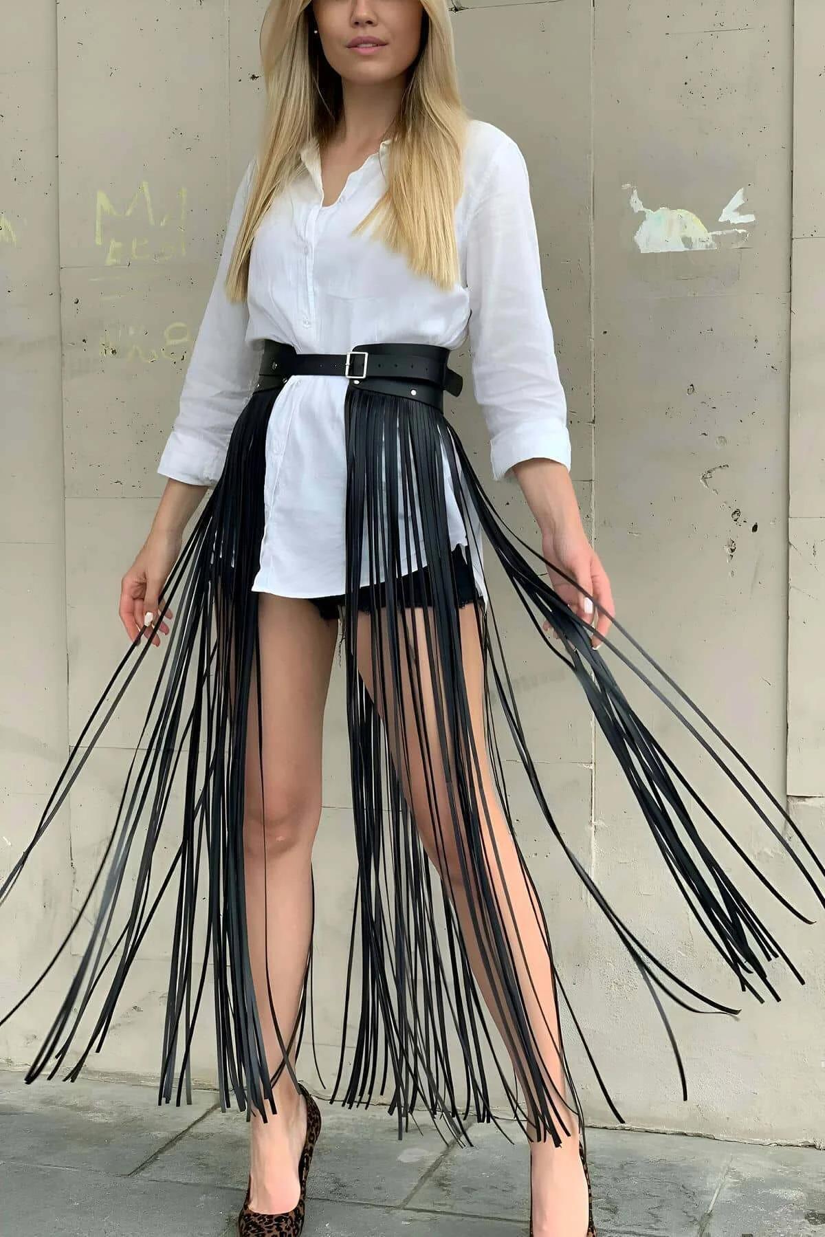 Leather Fringe Skirt Overlay – Adjustable High Waist Tassel Belt