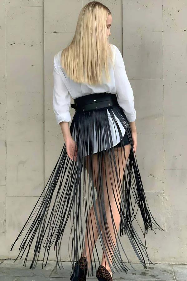 Fringe Waist Belt Harness Skirt with Adjustable Buckle