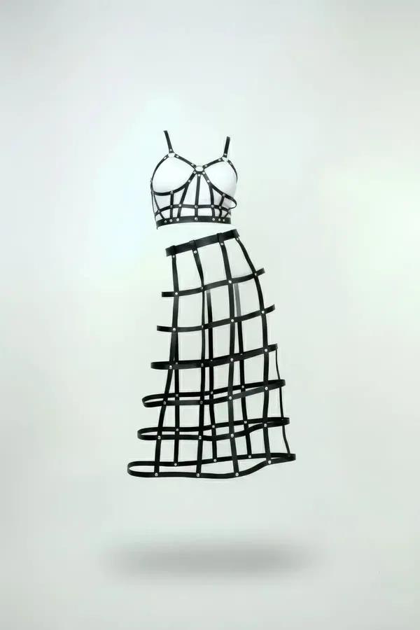 Faux Leather Cage Harness Top & Midi Skirt Set