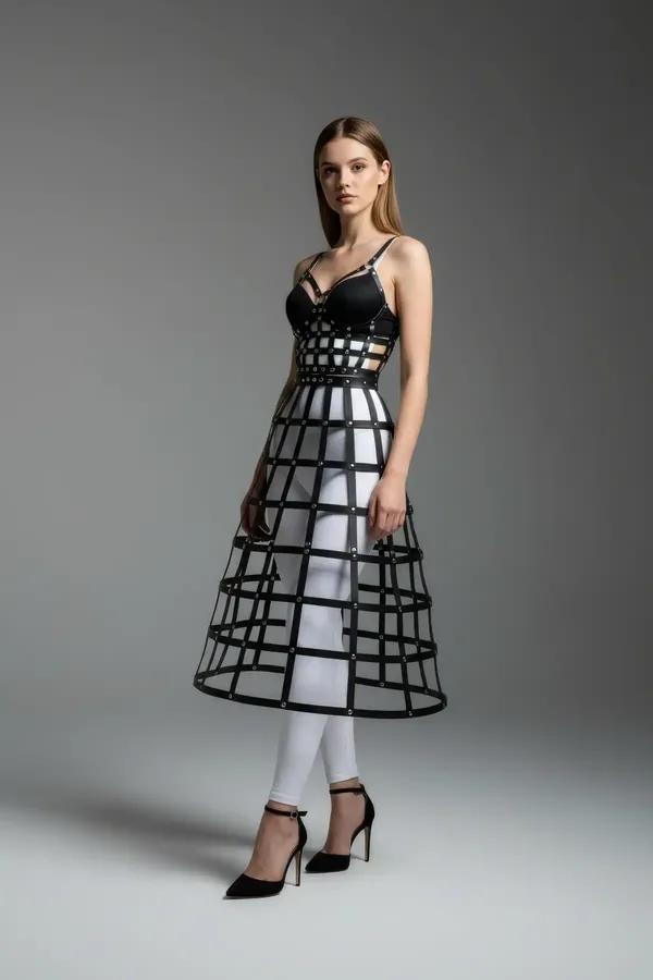 Structured Faux Leather Cage Skirt