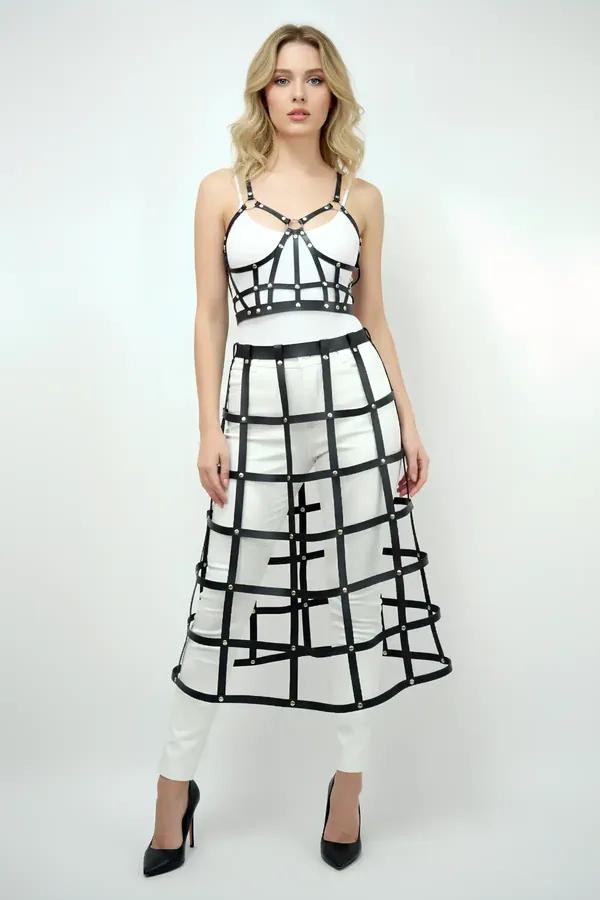 Women's Leather Harness Top and Grid Skirt Statement Outfit