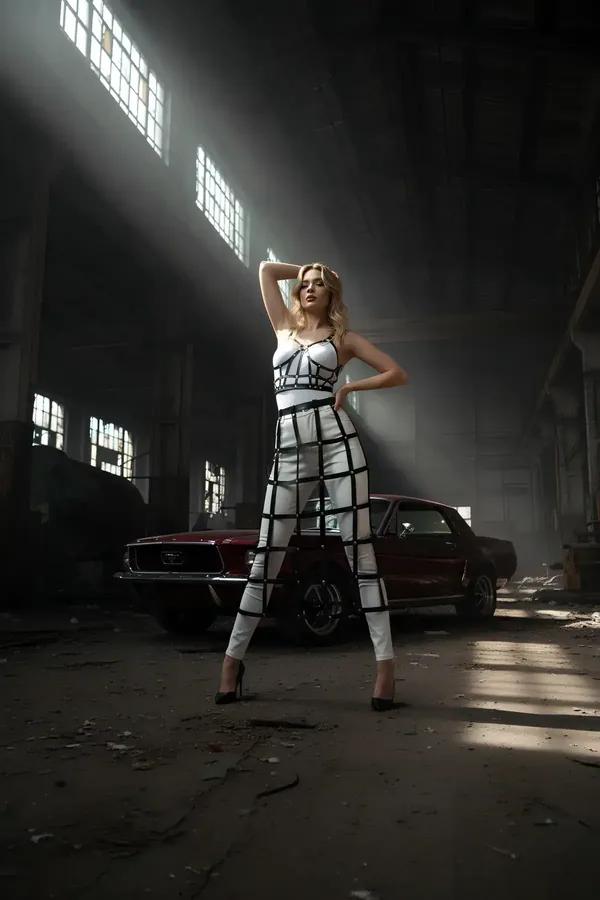 Women's Leather Harness Top and Grid Skirt Statement Outfit