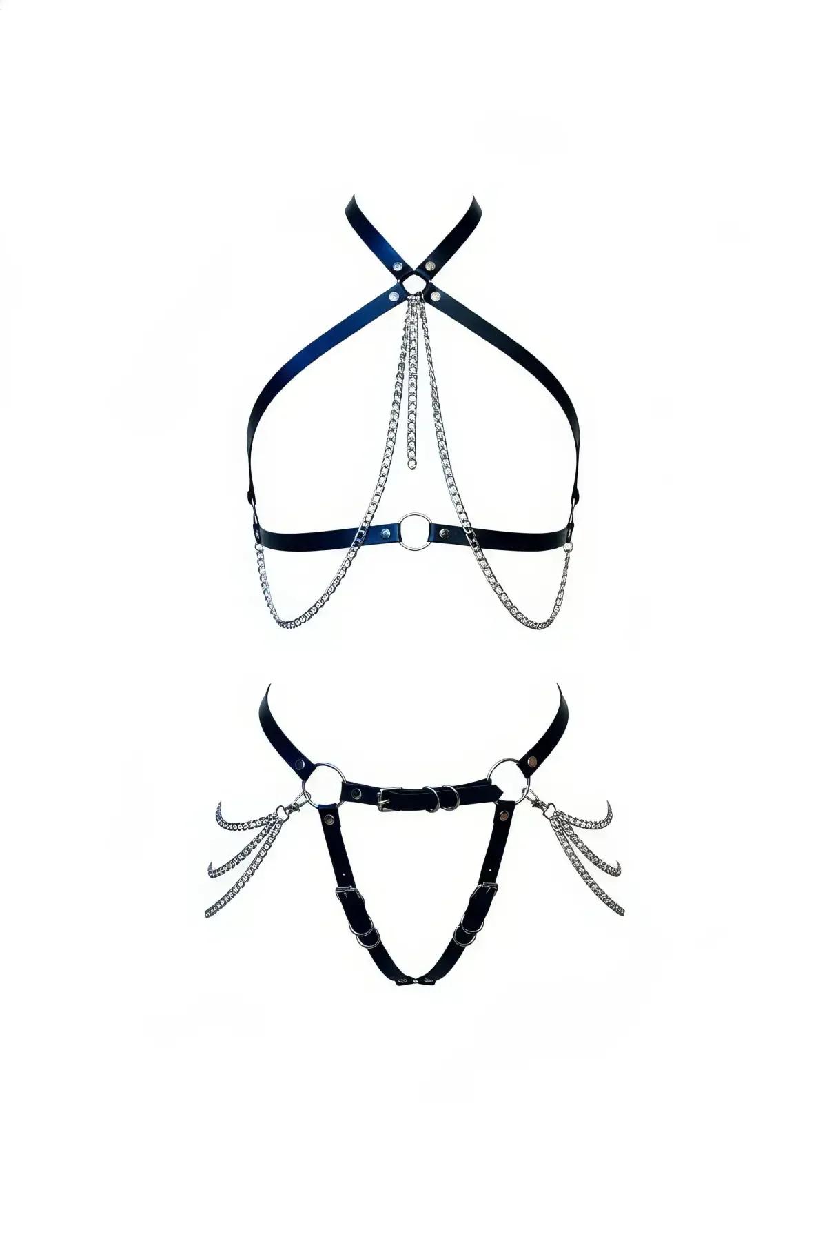 Faux Leather Harness Set with Chain Details