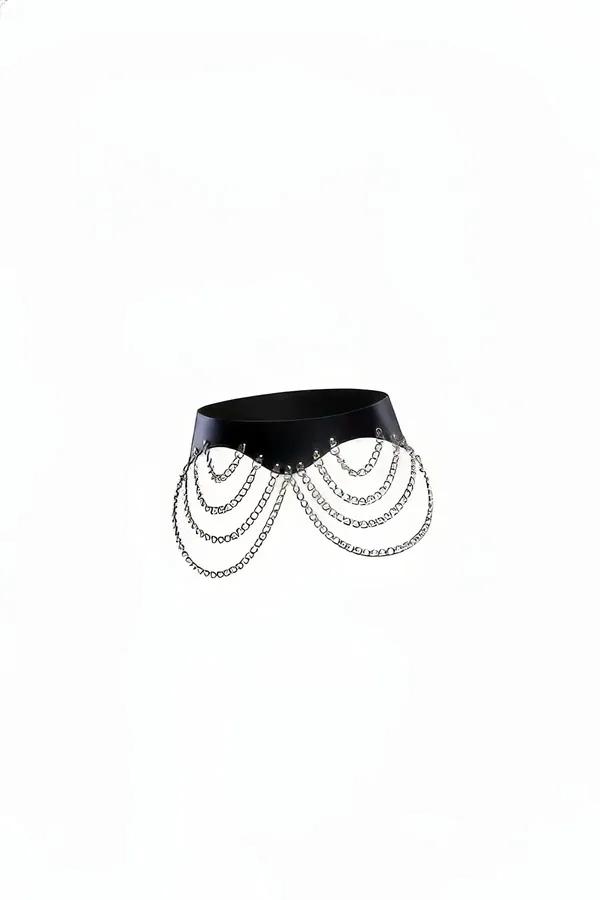 Faux Leather Waist Belt with Cascading Silver Chain Overlay