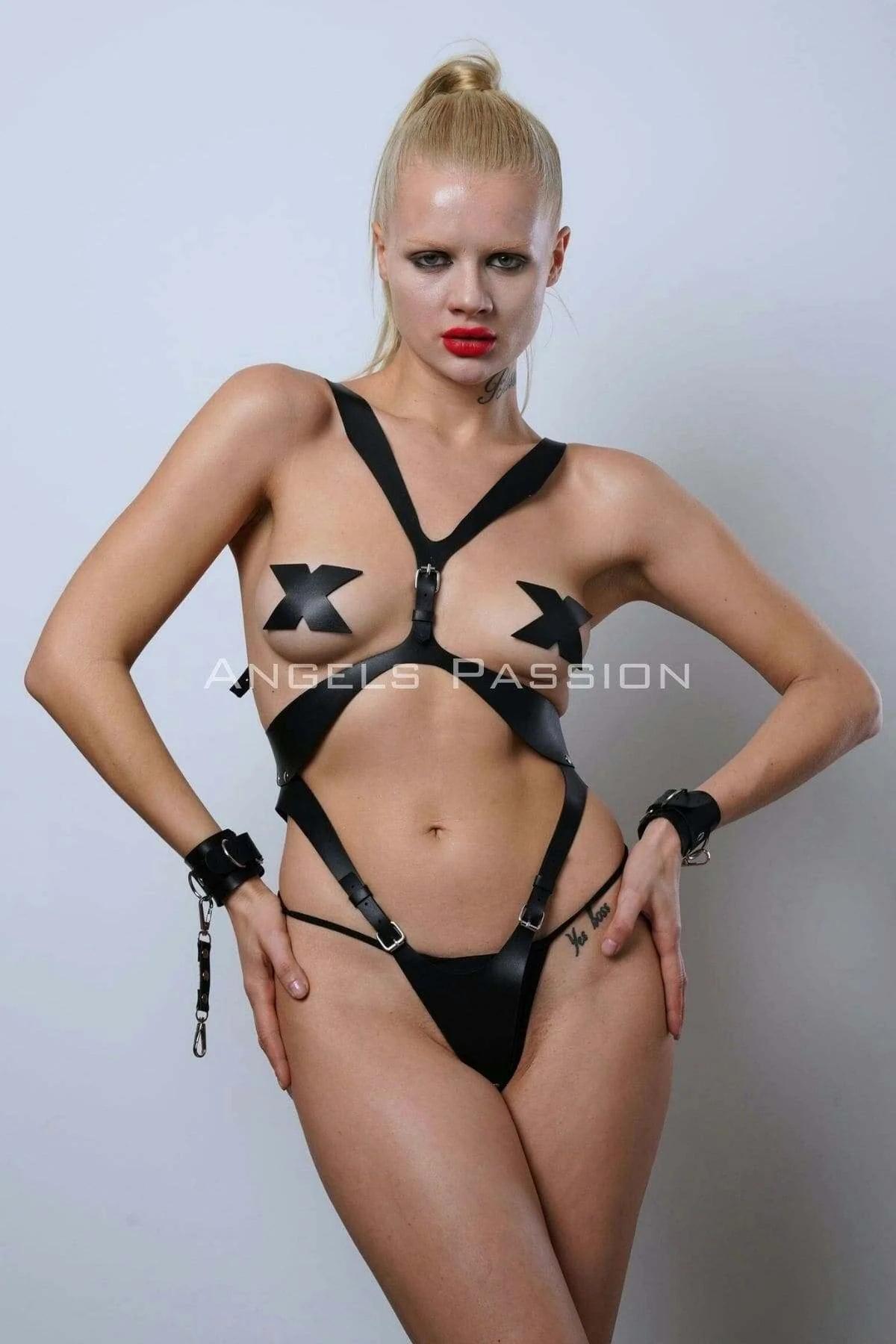 Leather Body Harness Lingerie Set with Cuffs and Thong