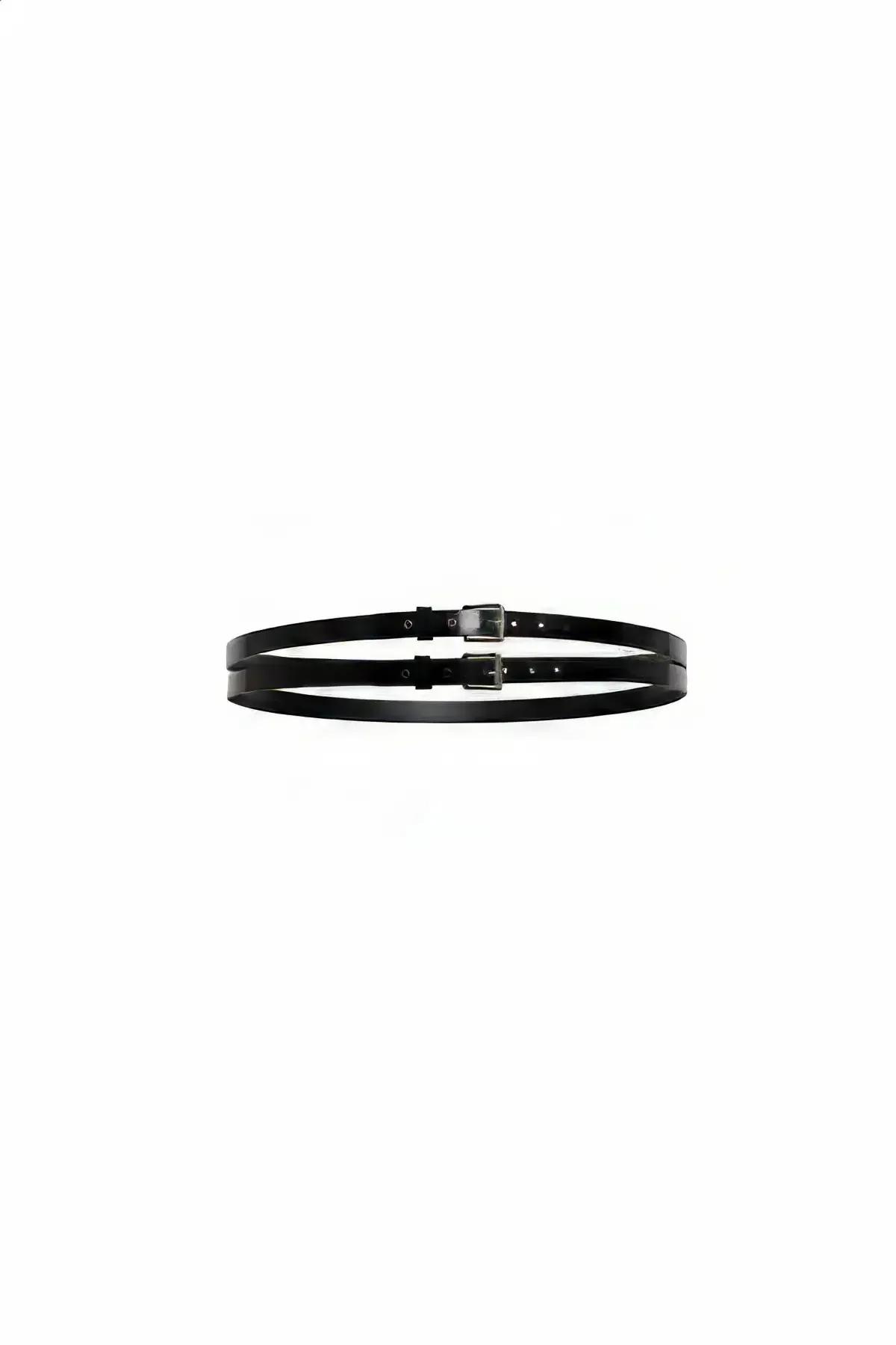 Double Slim Strap Faux Leather Waist Belt with Dual Buckles
