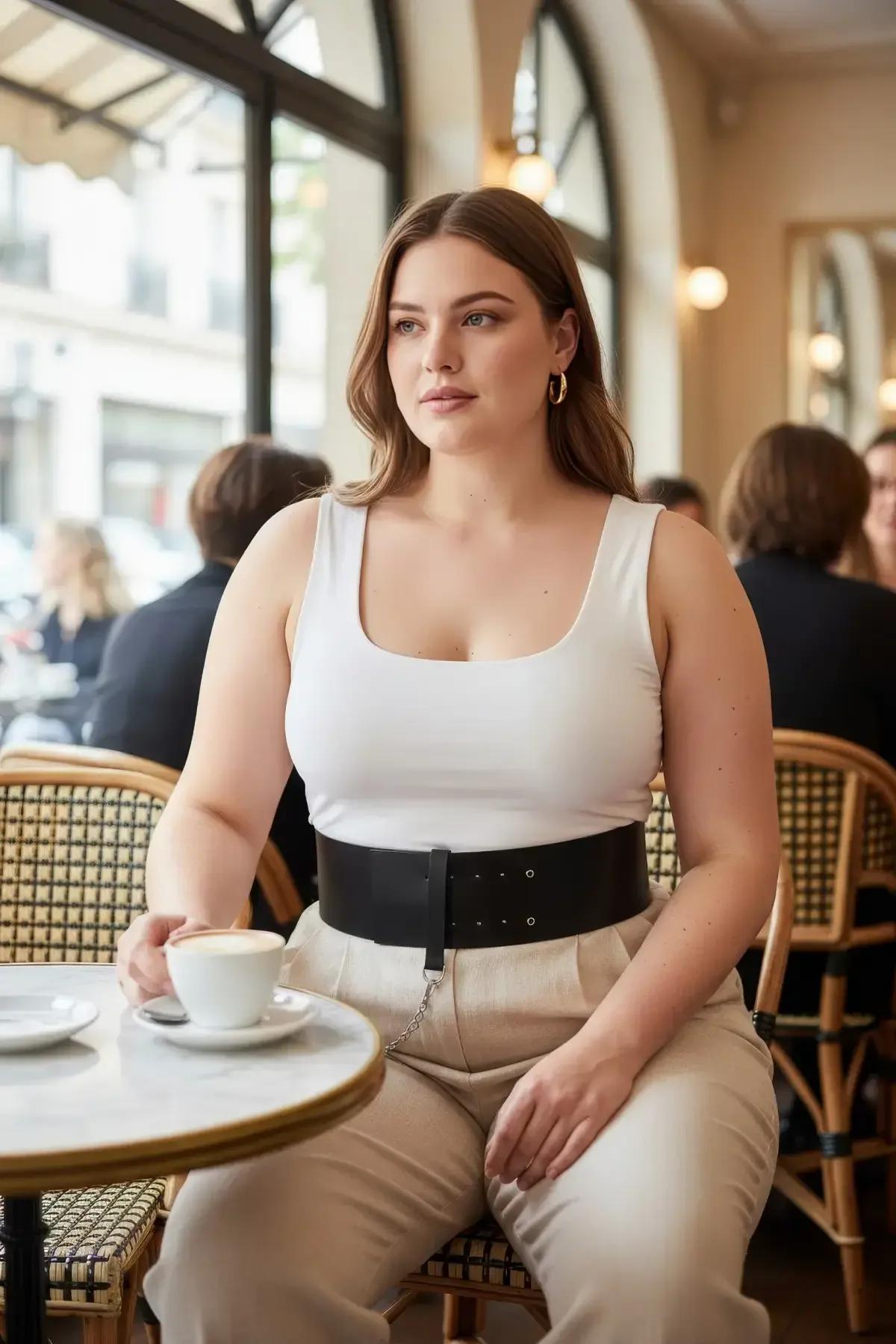 Wide Faux Leather Waist Belt with Chain Accent