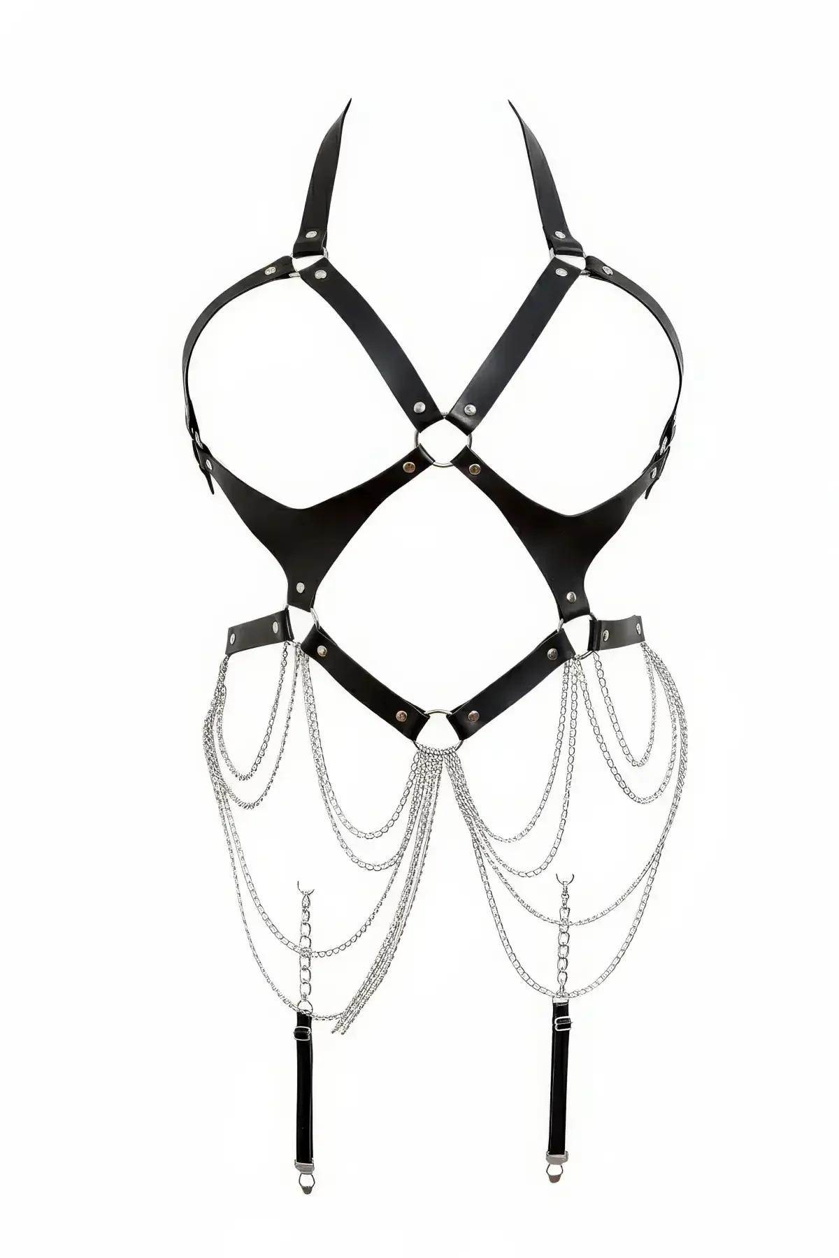 Body Harness with Chains - Adjustable Faux Leather Garter