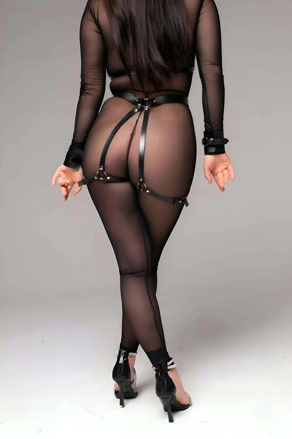 Obsidian Leather Open Bust Harness & Garter Set with Chain Accents