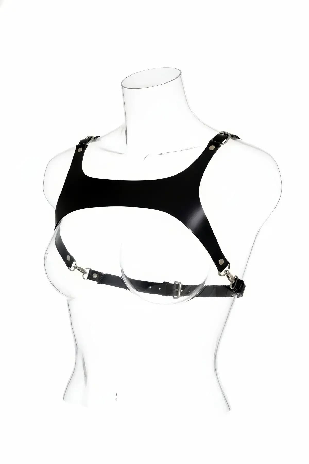 Open Cup Faux Leather Chest Harness with Adjustable Straps