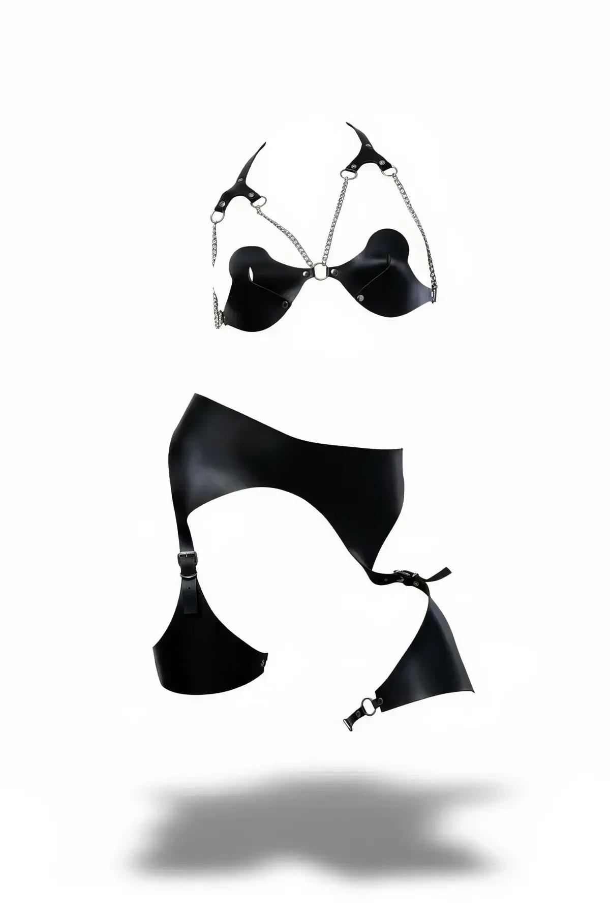 Faux Leather Harness Bra & Garter Belt Set with Chain Detail