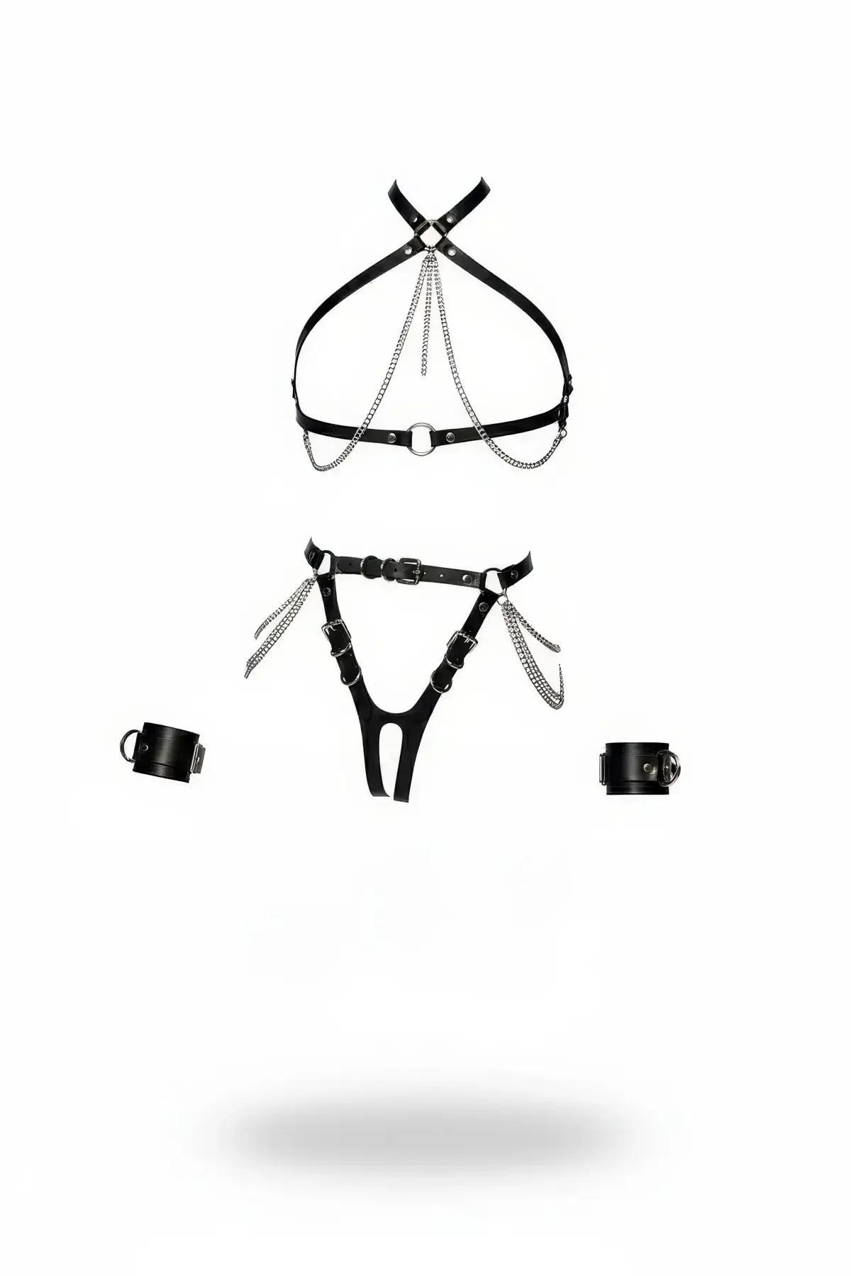 Chain Detail Faux Leather Harness Set with Cuffs