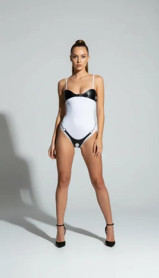 Contrast Faux Leather Strap Bodysuit with O-Rings
