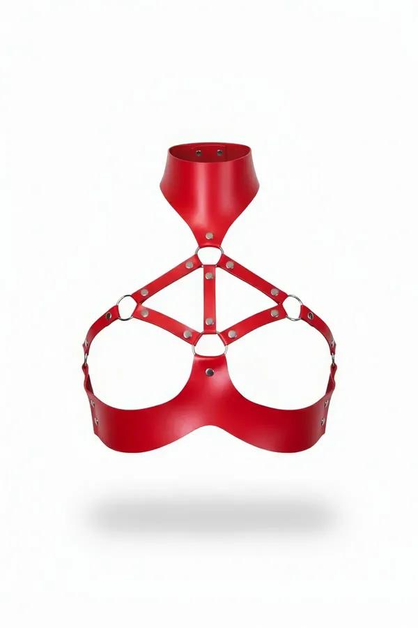 High-Neck Faux Leather Chest Harness with O-Ring Details