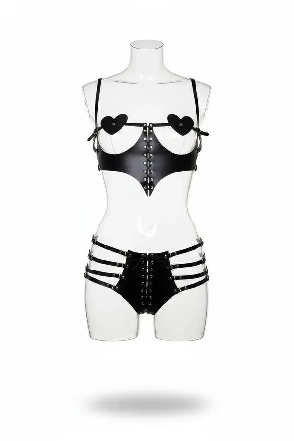 Heart Accent Faux Leather Caged Harness Set