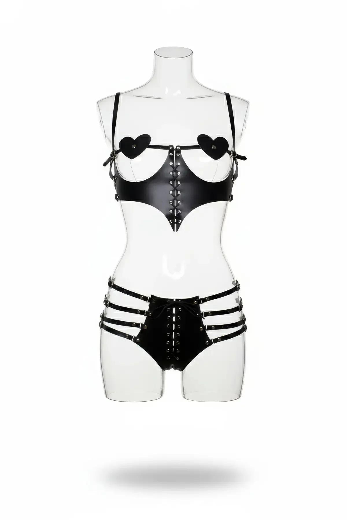 Heart Accent Faux Leather Caged Harness Set