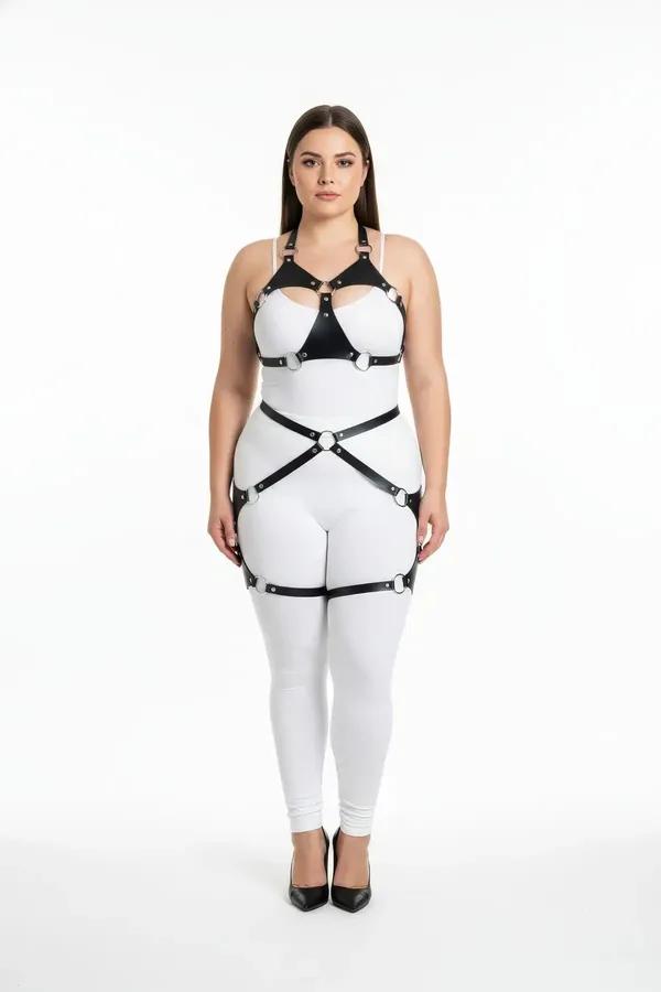 Black Faux Leather Full Body Harness with O-Rings & Garters