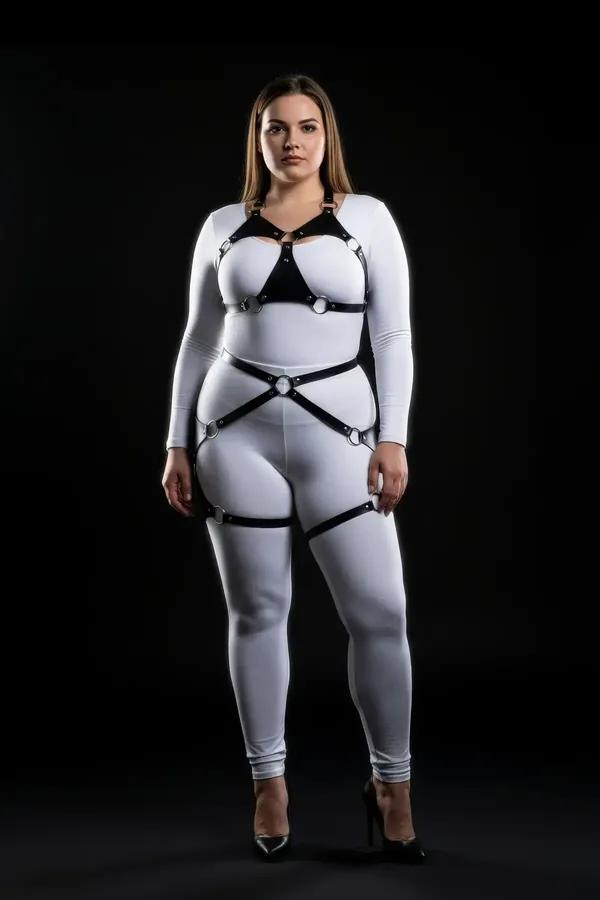Black Faux Leather Full Body Harness with O-Rings & Garters