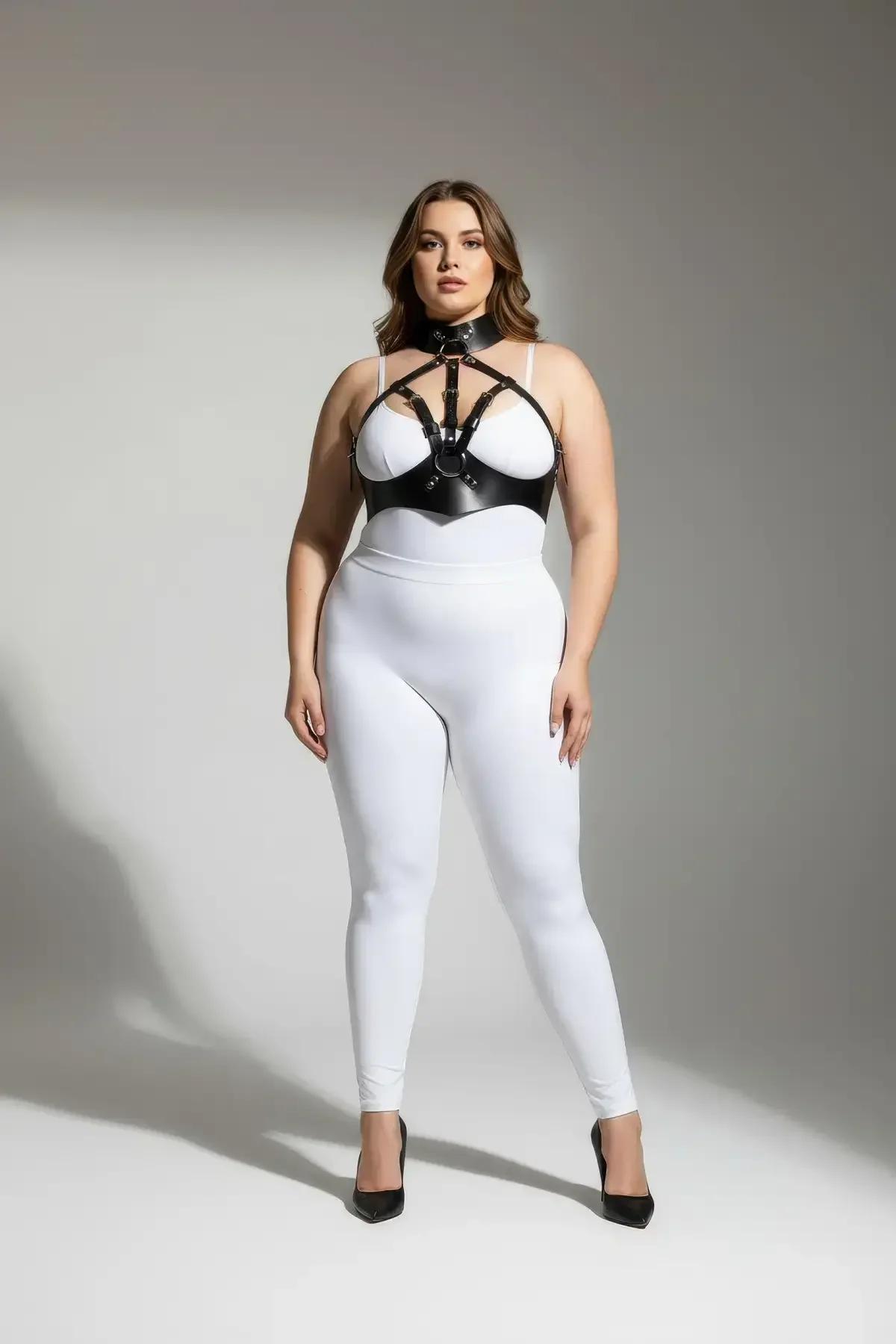 Black Faux Leather Body Harness with High Collar