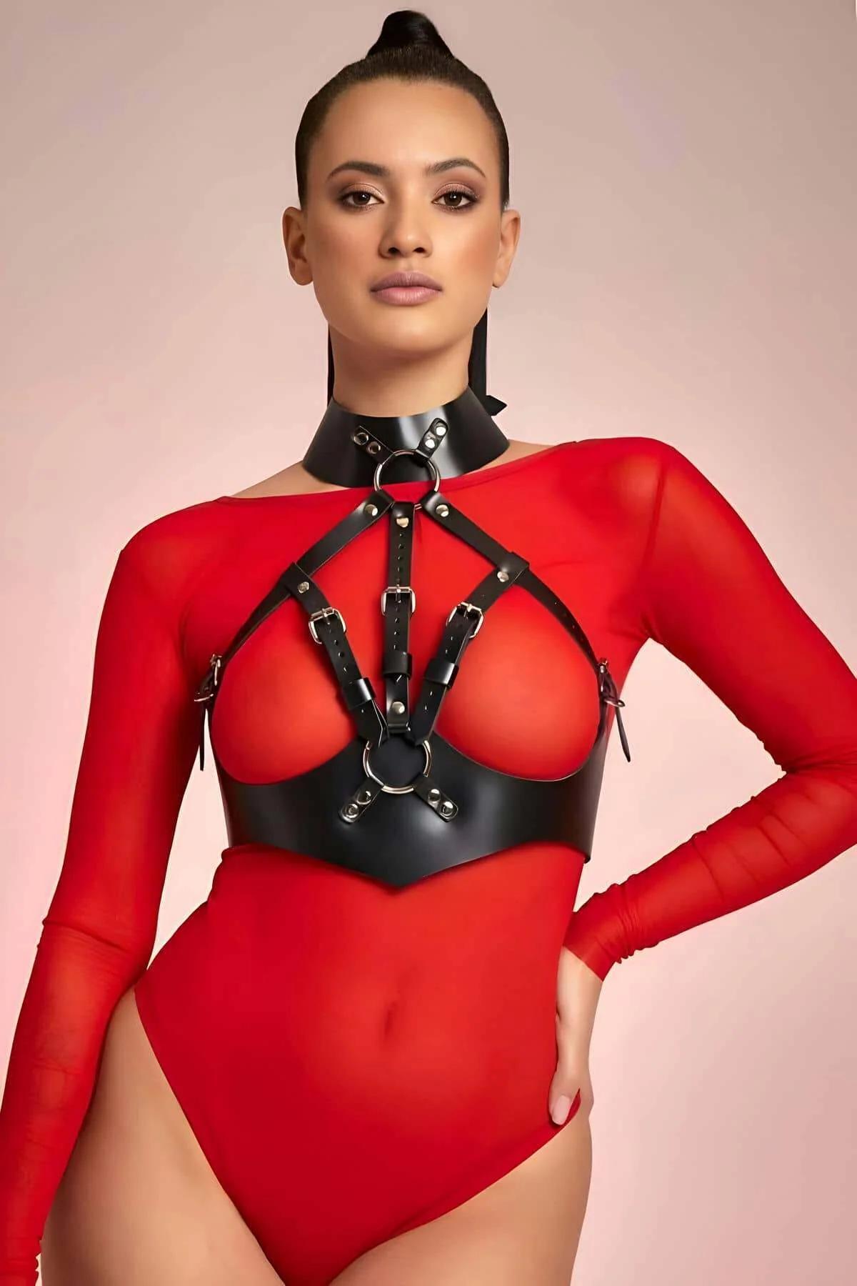 Women's Leather Harness Bra - Halter Neck Fashion Body